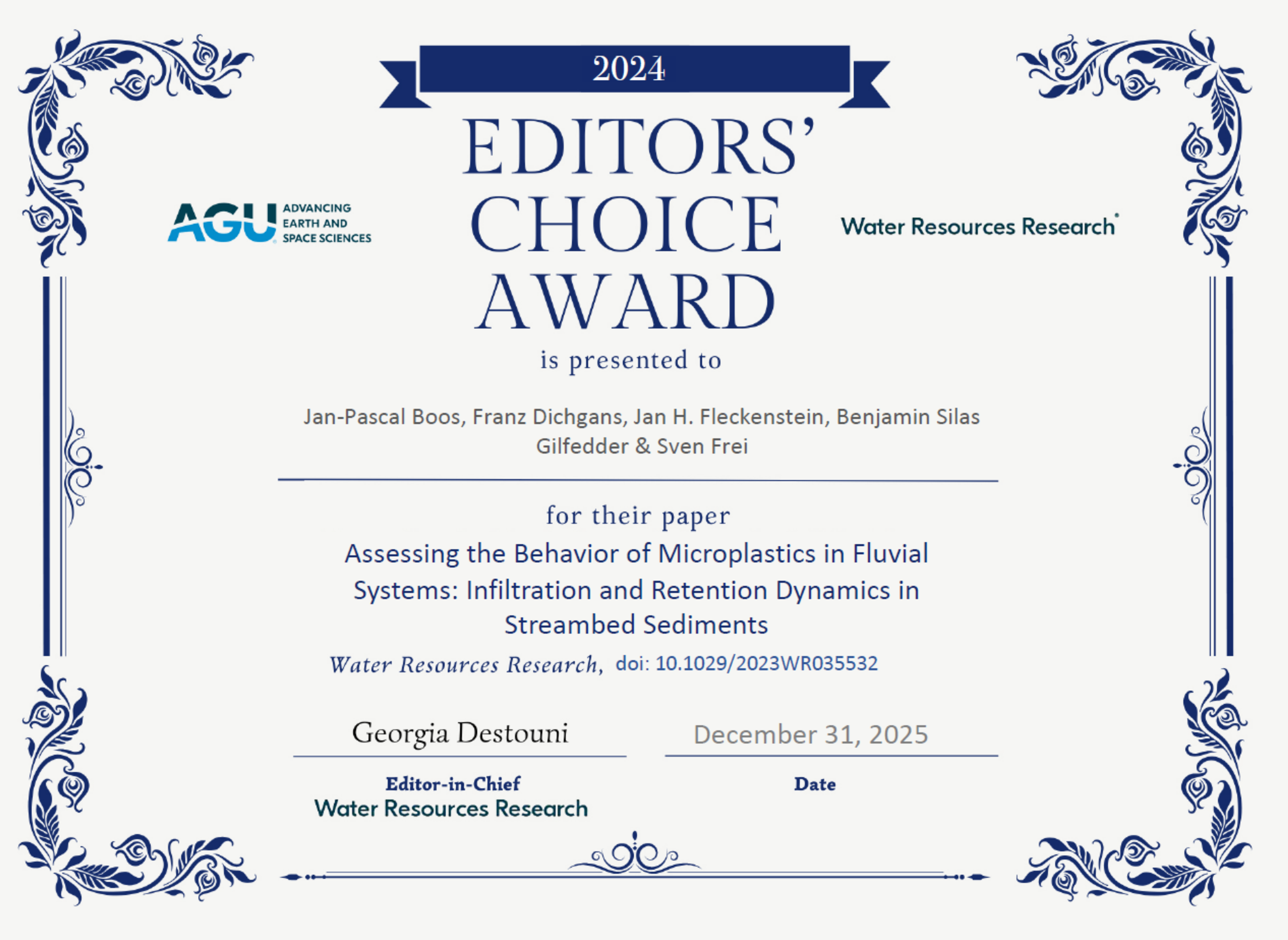 Image of a certificate entitled Editors' Choice Award. The award winners are Jan-Pascal Boos, Franz Dichgans, Jan H. Fleckenstein, Benjamin Silas Gilfedder, and Sven Frei.